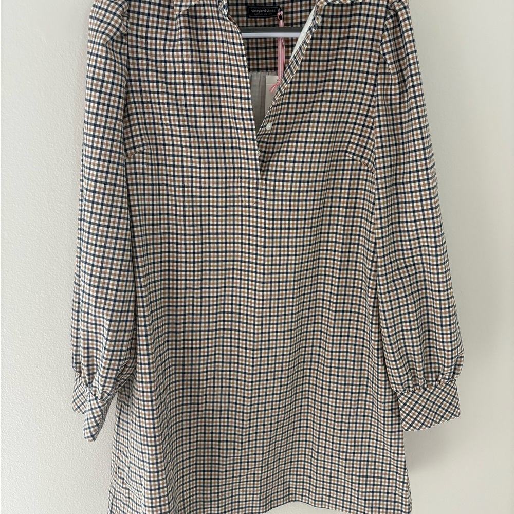 Vineyard Vines Navy, Tan, and White Checkered Plaid Tunic Dress